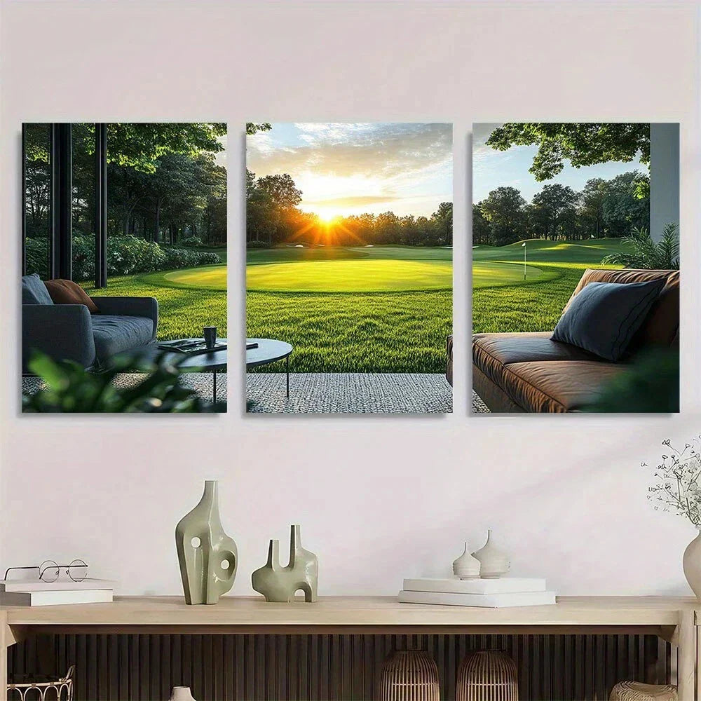 3pcs Vibrant Green Fairway & Sunset Scenery Metal Print Ready to Hang Art