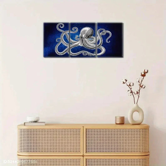 3pcs Octopus in the Blue Ocean Underwater Metal Print Ready to Hang Art