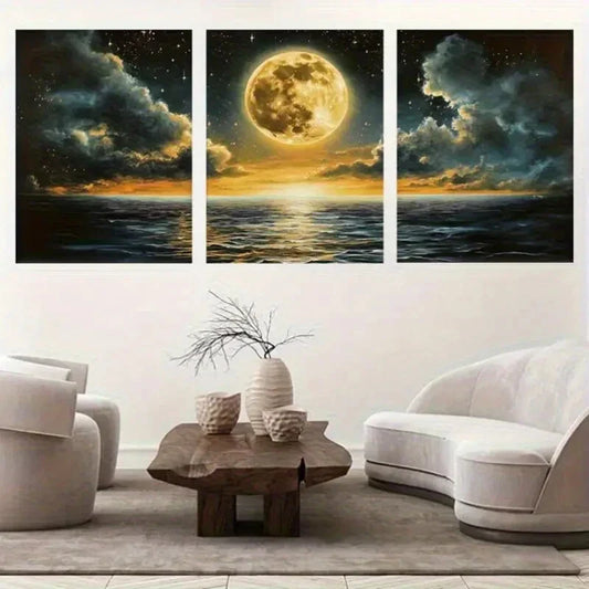 3pcs Moonlit Ocean Full Moon and Serene Night Sky Metal Print Ready to Hang Art