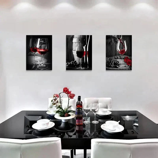 3pcs  Romantic Red Wine Goblets Metal Print Ready to Hang Art