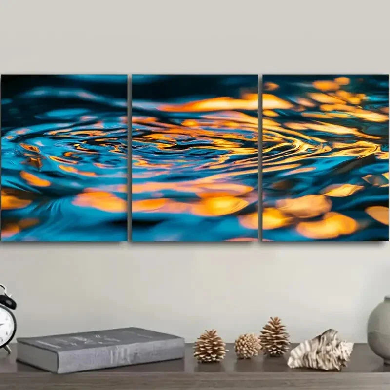 3pcs Blue & Orange Water Reflections, Metal Print Ready to Hang Art