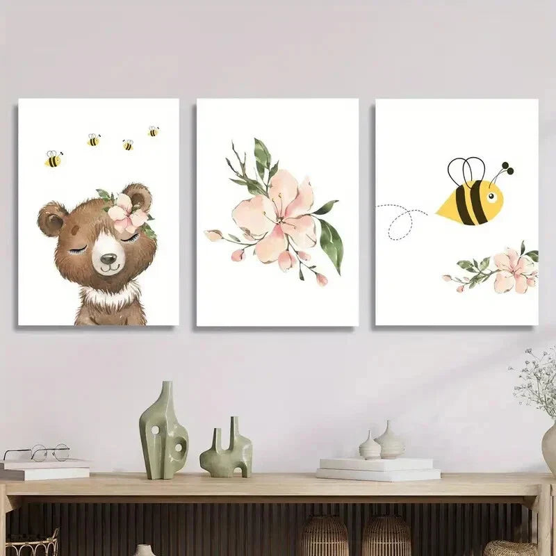 3pcs Featuring a Cartoon Bee And Bear Metal Print Ready to Hang Art