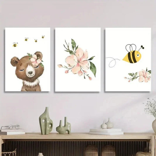 3pcs Featuring a Cartoon Bee And Bear Metal Print Ready to Hang Art