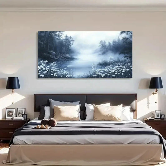 Tranquil Foggy Forest & Flowers Wall Art Canvas Office Home Room Framed 120x60cm