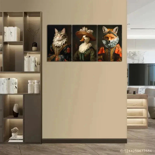 3pcs Elegant Renaissance Attire Animal Paintings Metal Print Ready to Hang Art