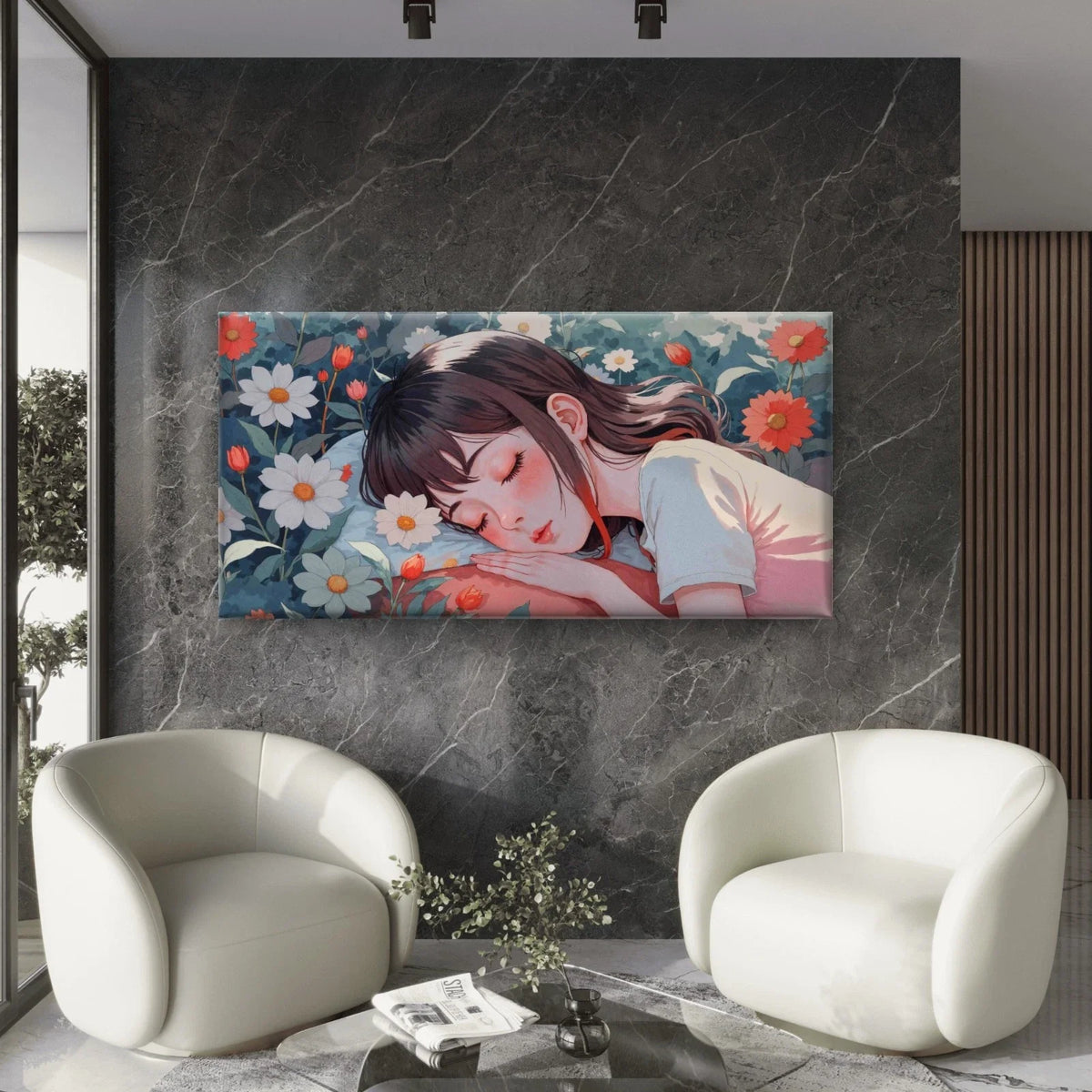 Dreaming Girl Lying On Flowers Wall Art Canvas Office Home Room Framed 120x60cm