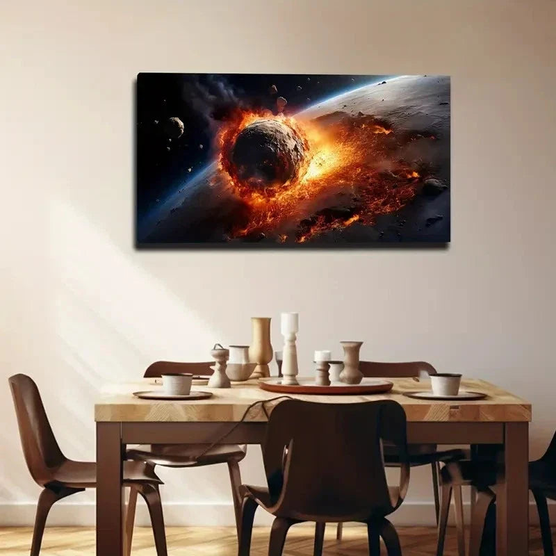 Dramatic Asteroid Impact Scene Wall Art Canvas Office Home Room Framed 80x45cm