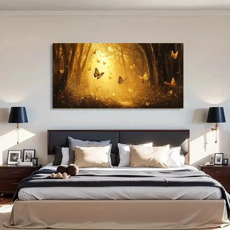 Butterflies & Sunlight Forest Wall Art Canvas Office Home Room Framed 80x45cm