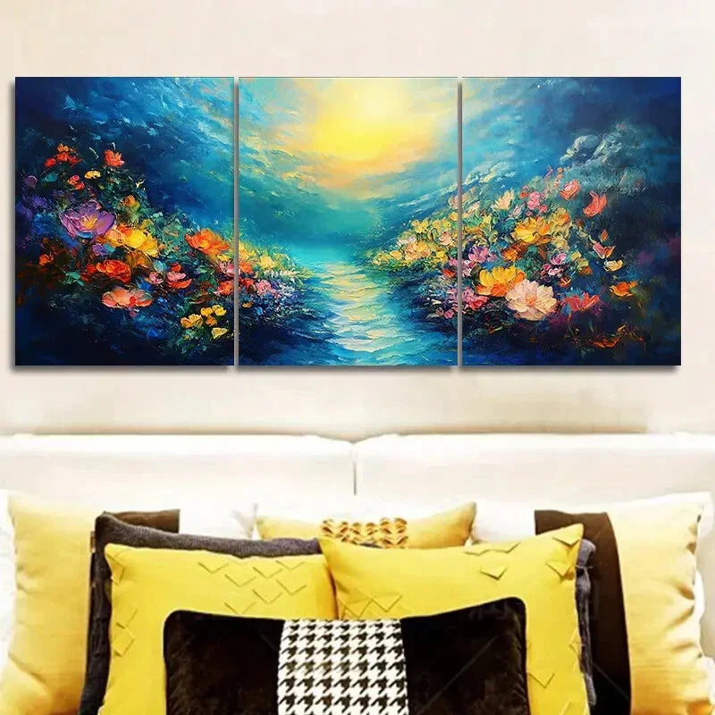 3pcs Flowers The River Of Life Painting Metal Print Ready to Hang Art