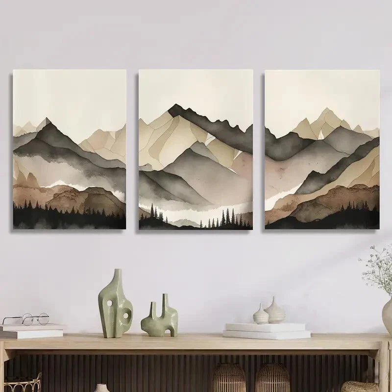 3pcs Foggy Peaks &amp; Pine Forests, Metal Print Ready to Hang Art
