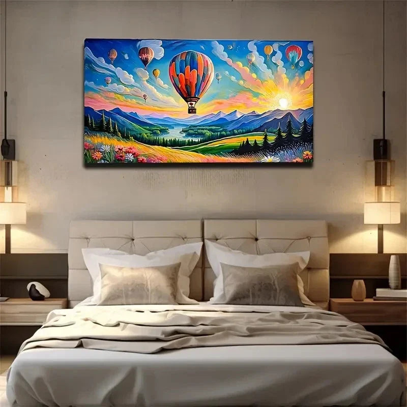 Vibrant Hot Air Balloon Wall Art Canvas Office Home Room Framed 80x45cm
