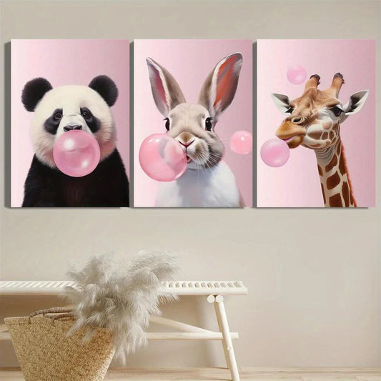 3pcs Romantic Animal Pink Giant Panda Rabbit Metal Print Ready to Hang Art