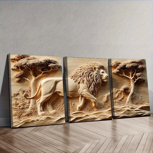 3pcss Lion In The Jungle Nature Wall Art Set Canvas Framed 40x60cm - High Quality Print 100% Australian Made Wall Canvas Ready to Hang