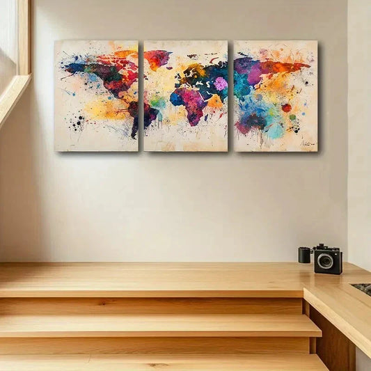 3pcs Watercolor World Map Design Metal Print Ready to Hang Art