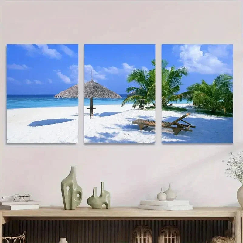 3pcs Beach Paradise Triptych Palm Trees & Sun Metal Print Ready to Hang Art