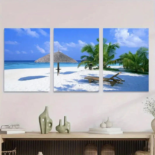 3pcs Beach Paradise Triptych Palm Trees & Sun Metal Print Ready to Hang Art