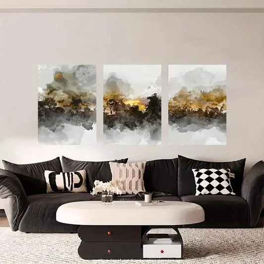 3pcs Abstract with Golden accents Deco Style Metal Print Ready to Hang Art