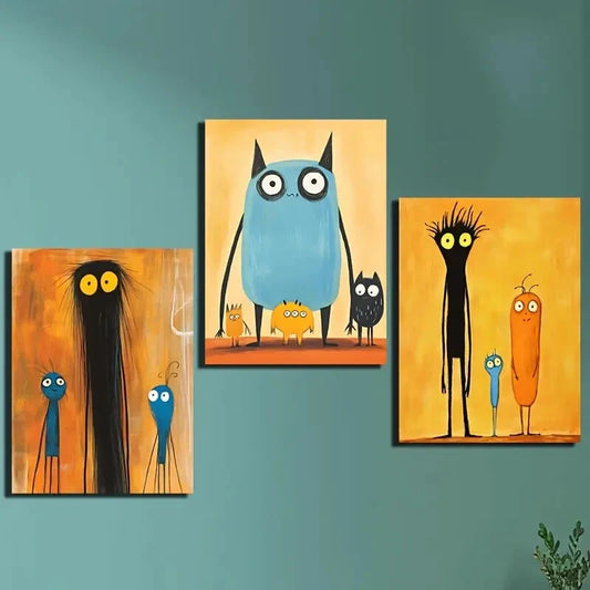 3pcs  Owls, Aliens & Friends, Modern & Playful Wall Art Set Canvas Framed 40x60cm - High Quality Print 100% Australian Made Wall Canvas Ready to Hang