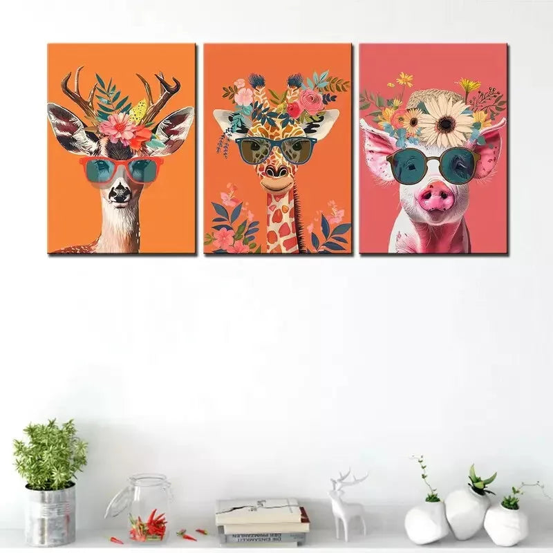 3pcs Colorful Flowers Animals Art Canvas Framed 40x60cm - High Quality Print 100% Australian Made Wall Canvas Ready to Hang