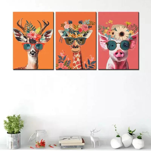 3pcs Colorful Flowers Animals Art Canvas Framed 40x60cm - High Quality Print 100% Australian Made Wall Canvas Ready to Hang
