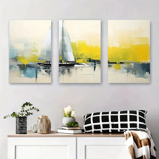 3pcs Sailing Boat Abstract Yellow and Blue Hues Metal Print Ready to Hang Art