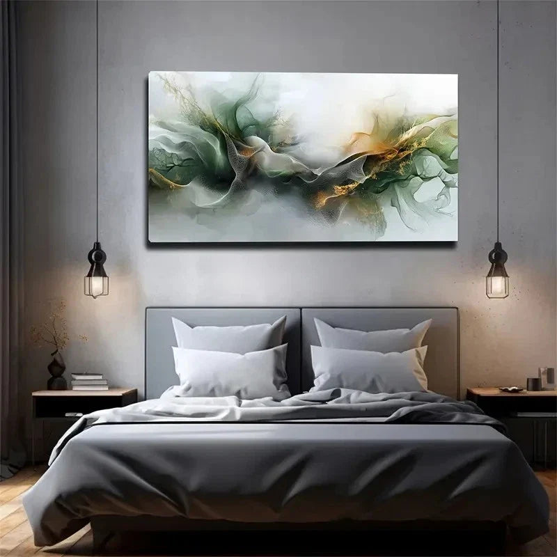 Lines In Green & Golden Wall Art canvas office home room framed 120x60cm