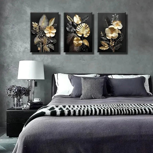 3pcs Set of Black Golden Plant Flowers Wall Art Set Canvas Framed 40x60cm - High Quality Print 100% Australian Made Wall Canvas Ready to Hang