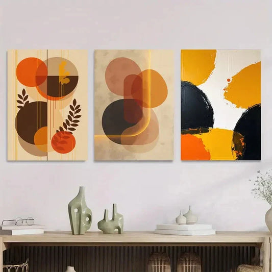 3pcs Vibrant Orange, Brown, and Black  Metal Print Ready to Hang Art