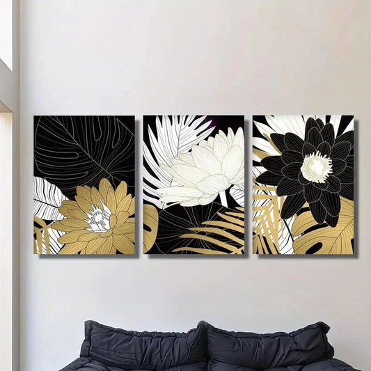 3pcs Fashionable Lotus & Tropical Leaves, Metal Print Ready to Hang Art