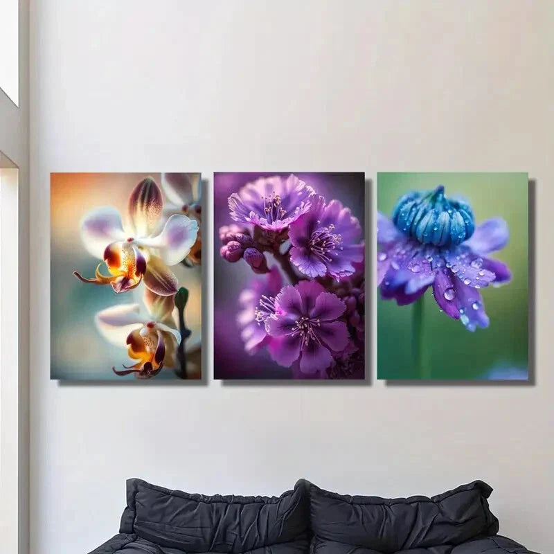 3pcs Orchid, Purple & Blue Flowers plant  Metal Print Ready to Hang Art