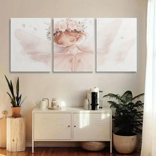 3pcs Whimsical Pink Fairy with Floral Wreaths Metal Print Ready to Hang Art