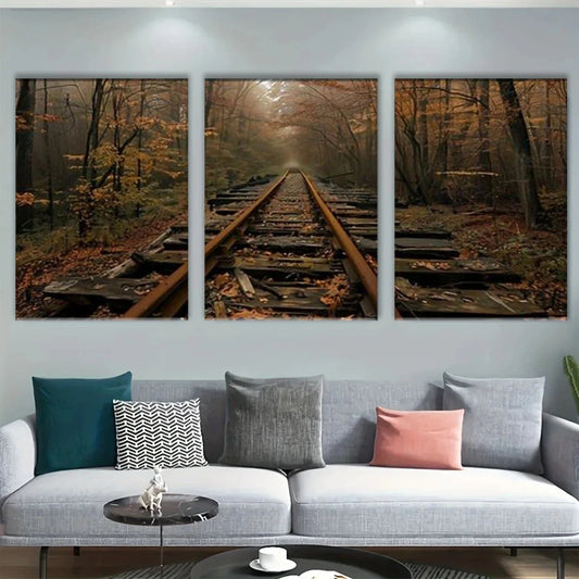 3pcs Autumn Forest and Abandoned Train Track Metal Print Ready to Hang Art