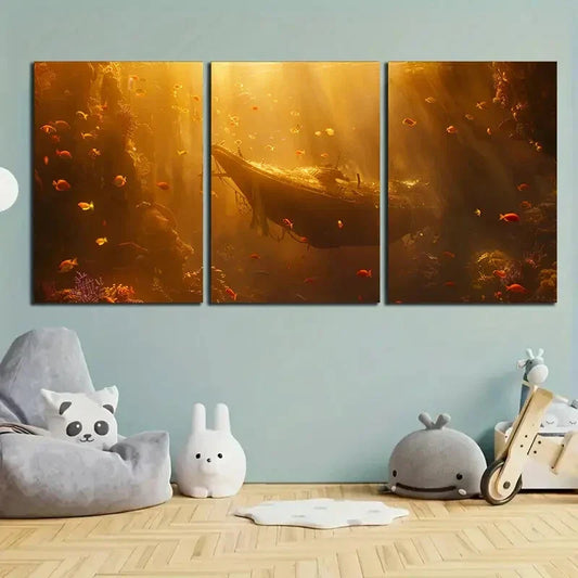 3pcs Sunken Submarine Underwater Sea Life Metal Print Ready to Hang Art