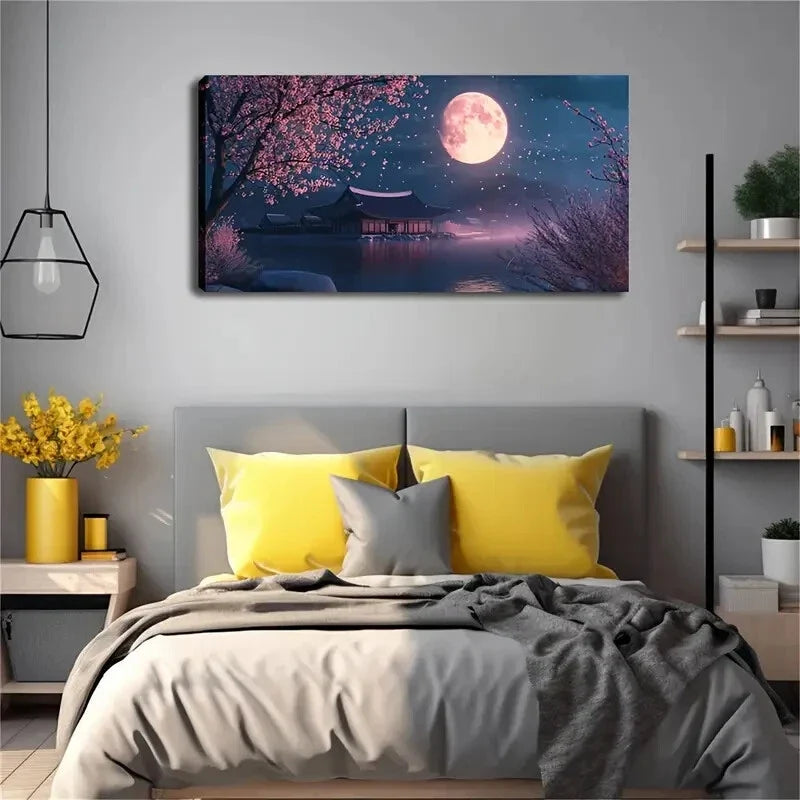 Moon & Blossoms Serene Water Wall Art Canvas Office Home Room Framed 120x60cm