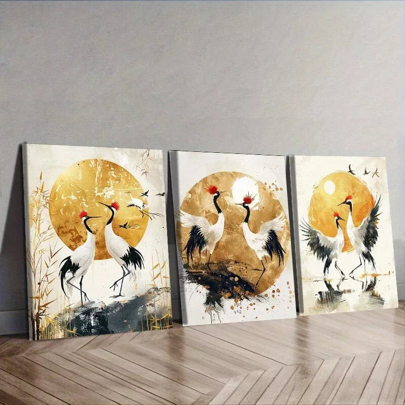 3pcs Golden Cranes Modern Contemporary Style  Wall Art Set Canvas Framed 40x60cm - High Quality Print 100% Australian Made Wall Canvas Ready to Hang