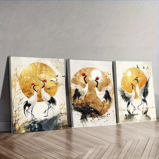 3pcs Golden Cranes Modern Contemporary Style  Wall Art Set Canvas Framed 40x60cm - High Quality Print 100% Australian Made Wall Canvas Ready to Hang