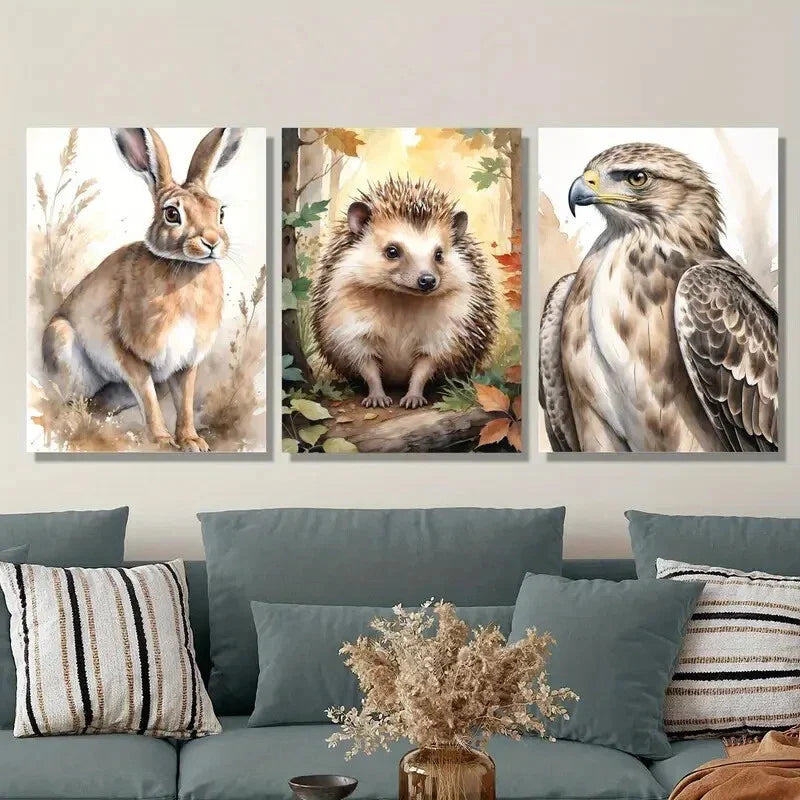 3pcs rabbit hedgehog eagle, animal portrait Metal Print Ready to Hang Art
