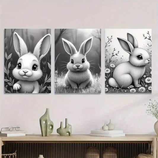 3pcs Adorable Bunny Black and White Rabbit Wall Art Set Canvas Framed 40x60cm - High Quality Print 100% Australian Made Wall Canvas Ready to Hang
