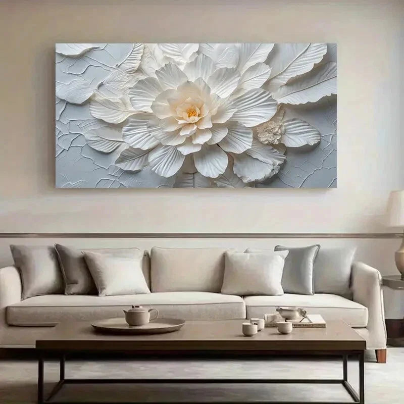White Textured Flowers wall canvas office home room framed 120x60cm