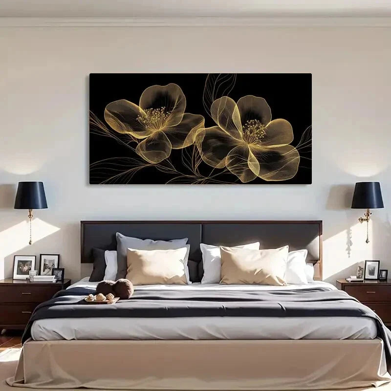 Elegant Golden Floral Design Wall Art Canvas Office Home Room Framed 120x60cm
