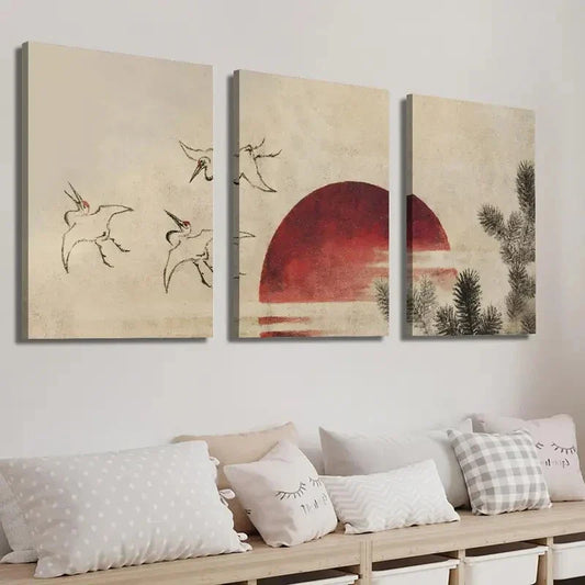3pcs Vintage Japanese Crane Bird And Sunset Wall Art Set Canvas Framed 40x60cm - High Quality Print 100% Australian Made Wall Canvas Ready to Hang