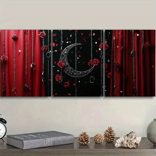 3pcs Black Moon and Red Roses Floral  Metal Print Ready to Hang Art