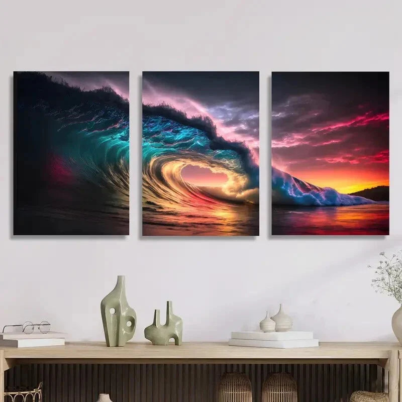 3pcs Sunset Over Waves, Showcasing Stunning Wave Metal Print Ready to Hang Art