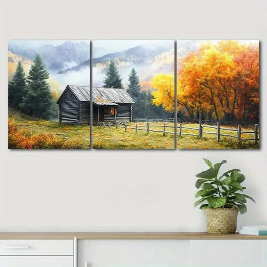 3pcs Beautiful Autumn Scenery Log Cabin Perfect Wall Art Set Canvas Framed 40x60cm - High Quality Print 100% Australian Made Wall Canvas Ready to Hang