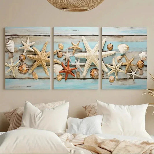 3pcs Starfish and Seashells Beach House Metal Print Ready to Hang Art