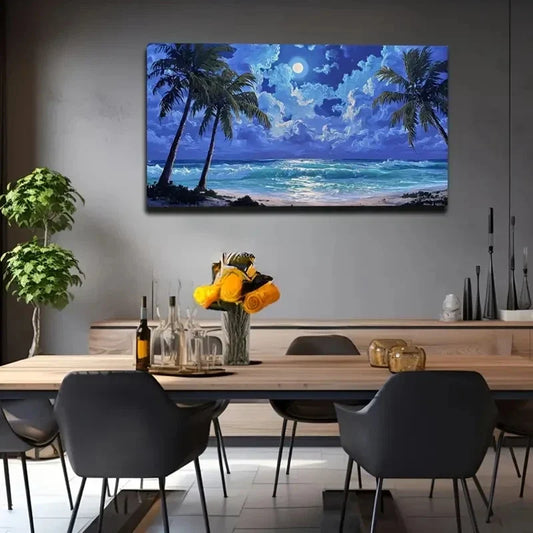Beach Scene With Palm Trees Wall Art Canvas Office Home Room Framed 80x45cm
