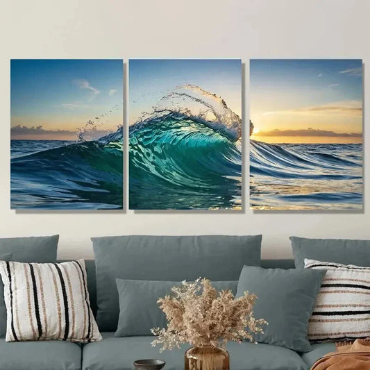 3pcs Sunset Seascape with Dynamic Waves Metal Print Ready to Hang Art