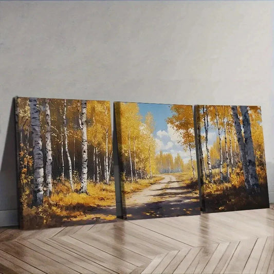 3pcs Birch forest in autumn Painting Wall Art Set Canvas Framed 40x60cm - High Quality Print 100% Australian Made Wall Canvas Ready to Hang