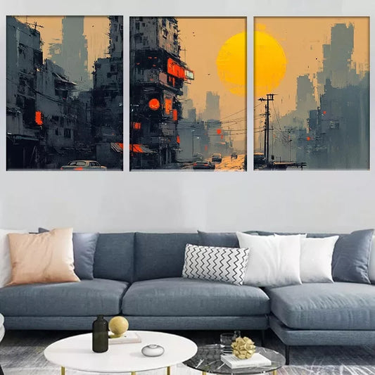 3pcs Urban Dystopian Sunset Cyberpunk Cityscape  Wall Art Set Canvas Framed 40x60cm - High Quality Print 100% Australian Made Wall Canvas Ready to Hang