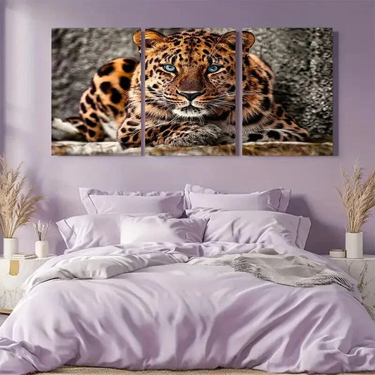 3pcs Blue Eyed Big Cat Wildlife Amur Leopard Wall Art Set Canvas Framed 40x60cm - High Quality Print 100% Australian Made Wall Canvas Ready to Hang